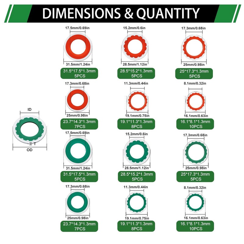 Japtend 80PCS Air Conditioning System Compressor Seal Washers Assortment Kit, 12 Sizes Automotive A/C Compressor Port Bonded Seal Gasket Kit (Red & Green) - Image 2